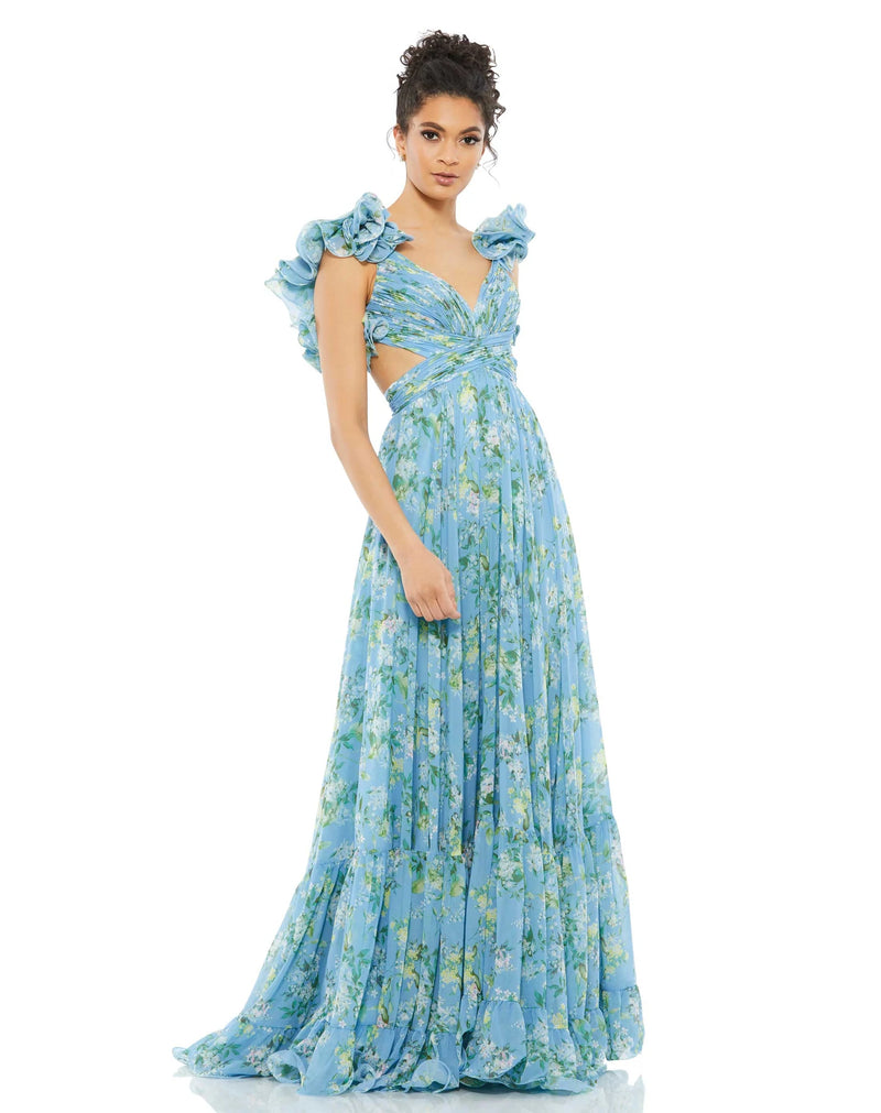 This elegant and sophisticated floral-printed chiffon dress in light powder blue multi in gorgeous chiffon maxi dress with cut-out sides and back, pleated bodice, and a sexy lace-up open back. Dramatic ruffles accent the shoulders, and a flowy tiered skirt completes the look. The perfect dress for Summer Weddings and special events!