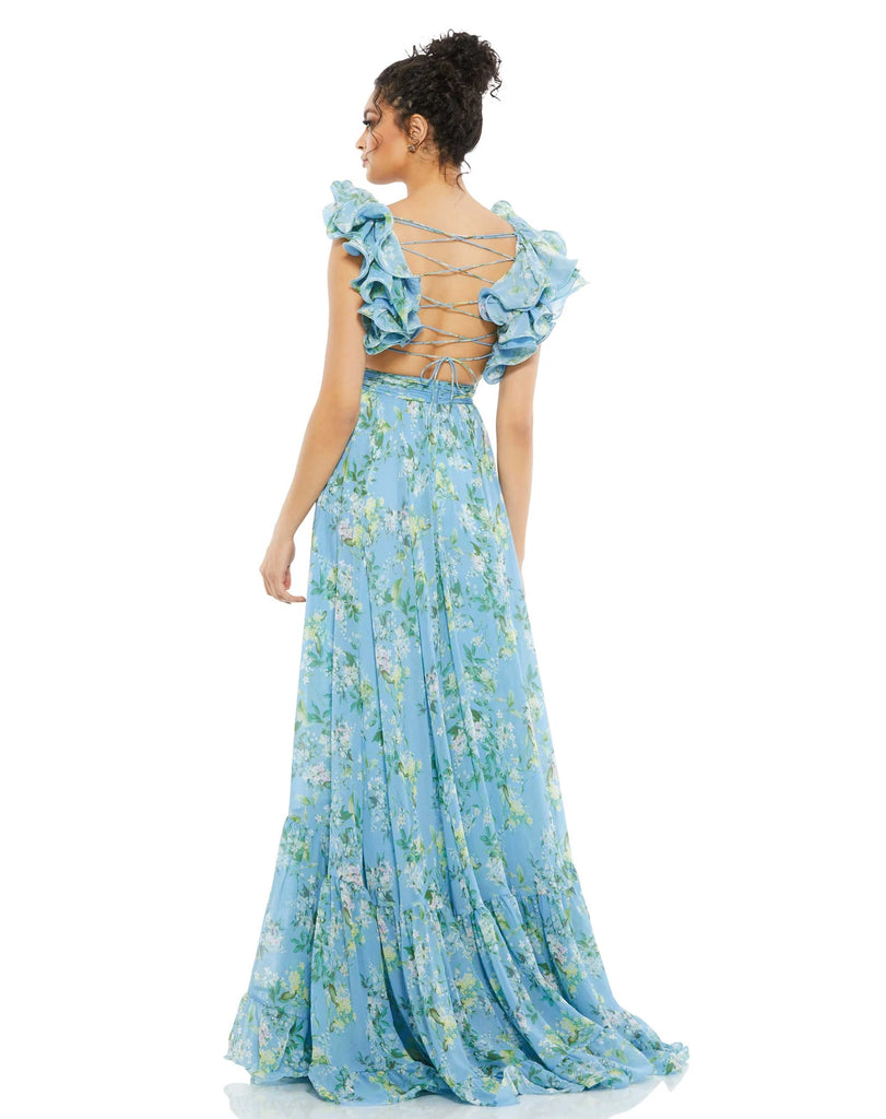 This elegant and sophisticated floral-printed chiffon dress in light powder blue multi in gorgeous chiffon maxi dress with cut-out sides and back, pleated bodice, and a sexy lace-up open back. Dramatic ruffles accent the shoulders, and a flowy tiered skirt completes the look. The perfect dress for Summer Weddings and special events back view