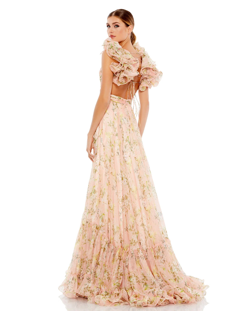 This gorgeous chiffon pink multi maxi dress with cut-out sides and back, pleated bodice, and a sexy lace-up open back is the perfect dress to wear as a wedding guest for Summer weddings and parties! With dramatic ruffles accent the shoulders, and a flowy tiered skirt, this dress is both show-stopping and elegant back view