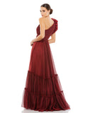 Be prepared for non-stop compliments in this dreamy wine formal dress. Between the iridescent organza fabric, texture-rich plissé pleating, avant-garde-inspired ruffled shoulder, and a billowy tiered skirt, this gown is guaranteed to turn every head in the room. This beautiful Grecian inspired, long formal dress is perfect for wedding guests and special occasions back