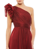Be prepared for non-stop compliments in this dreamy wine formal dress. Between the iridescent organza fabric, texture-rich plissé pleating, avant-garde-inspired ruffled shoulder, and a billowy tiered skirt, this gown is guaranteed to turn every head in the room. This beautiful Grecian inspired, long formal dress is perfect for wedding guests and special occasions! close up