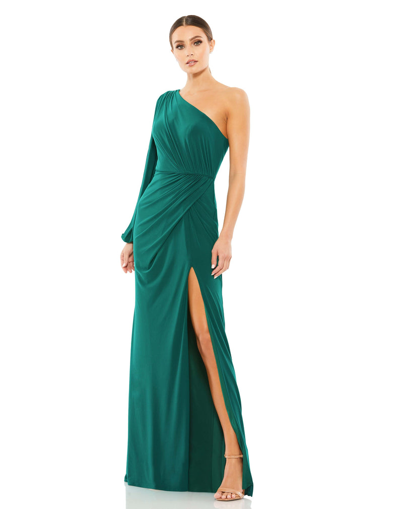 This stunning Ieena for Mac Duggal elegant, emerald green long-sleeved, evening gown is a beautiful, full-length evening dress with asymmetric detail. With one sexy-thigh high split, dress is perfect for proms, black-tie affairs, weddings and special events!
