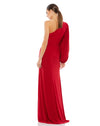 This stunning Ieena for Mac Duggal elegant, red long-sleeved, evening gown is a beautiful, full-length evening dress with asymetric-sleeve detail. With one sexy-thigh high split, dress is perfect for proms, black-tie affairs, weddings and special events! back