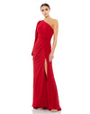 This stunning Ieena for Mac Duggal elegant, red long-sleeved, evening gown is a beautiful, full-length evening dress with asymetric-sleeve detail. With one sexy-thigh high split, dress is perfect for proms, black-tie affairs, weddings and special events! front