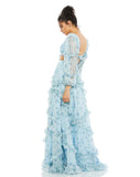 This elegant and sophisticated floral-printed chiffon dress in light powder blue, features a pleated bodice and plunging v-neckline, semi-sheer blouson long sleeves, and a full, floor-length ruffle tiered skirt. Ruffle-trimmed side cutouts and an exposed back give this gown a flirty, sexy edge. This is the perfect gown for special occasions, weddings and Summery parties back view