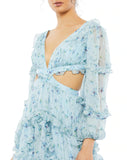 This elegant and sophisticated floral-printed chiffon dress in light powder blue, features a pleated bodice and plunging v-neckline, semi-sheer blouson long sleeves, and a full, floor-length ruffle tiered skirt. Ruffle-trimmed side cutouts and an exposed back give this gown a flirty, sexy edge. This is the perfect gown for special occasions, weddings and Summery parties close up