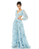 This elegant and sophisticated floral-printed chiffon dress in light powder blue, features a pleated bodice and plunging v-neckline, semi-sheer blouson long sleeves, and a full, floor-length ruffle tiered skirt. Ruffle-trimmed side cutouts and an exposed back give this gown a flirty, sexy edge. This is the perfect gown for special occasions, weddings and Summery parties! 
