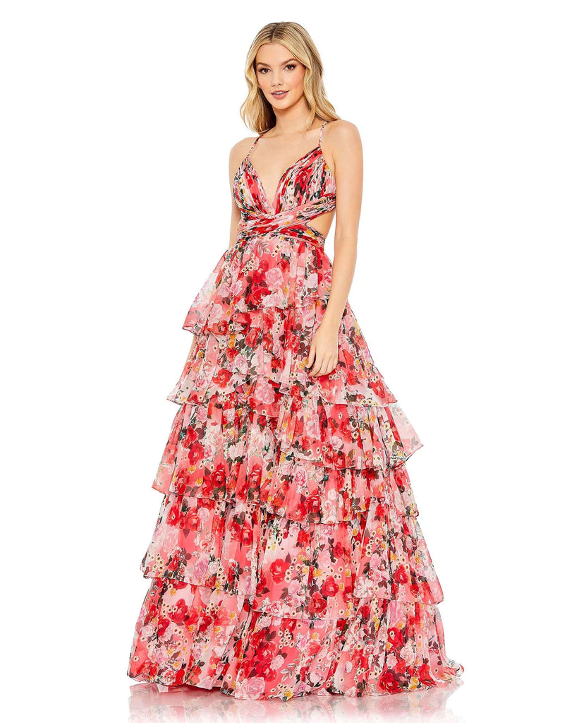 This very special, Summery, sexy-cut out evening gown with gorgeous floral print is a show-stopping dress with an exposed back back and a dramatic skirt. This short-sleeved, elegant formal dress is picture perfect and will have you looking every inch a princess. Perfect for proms, Summer formals and wedding guests!