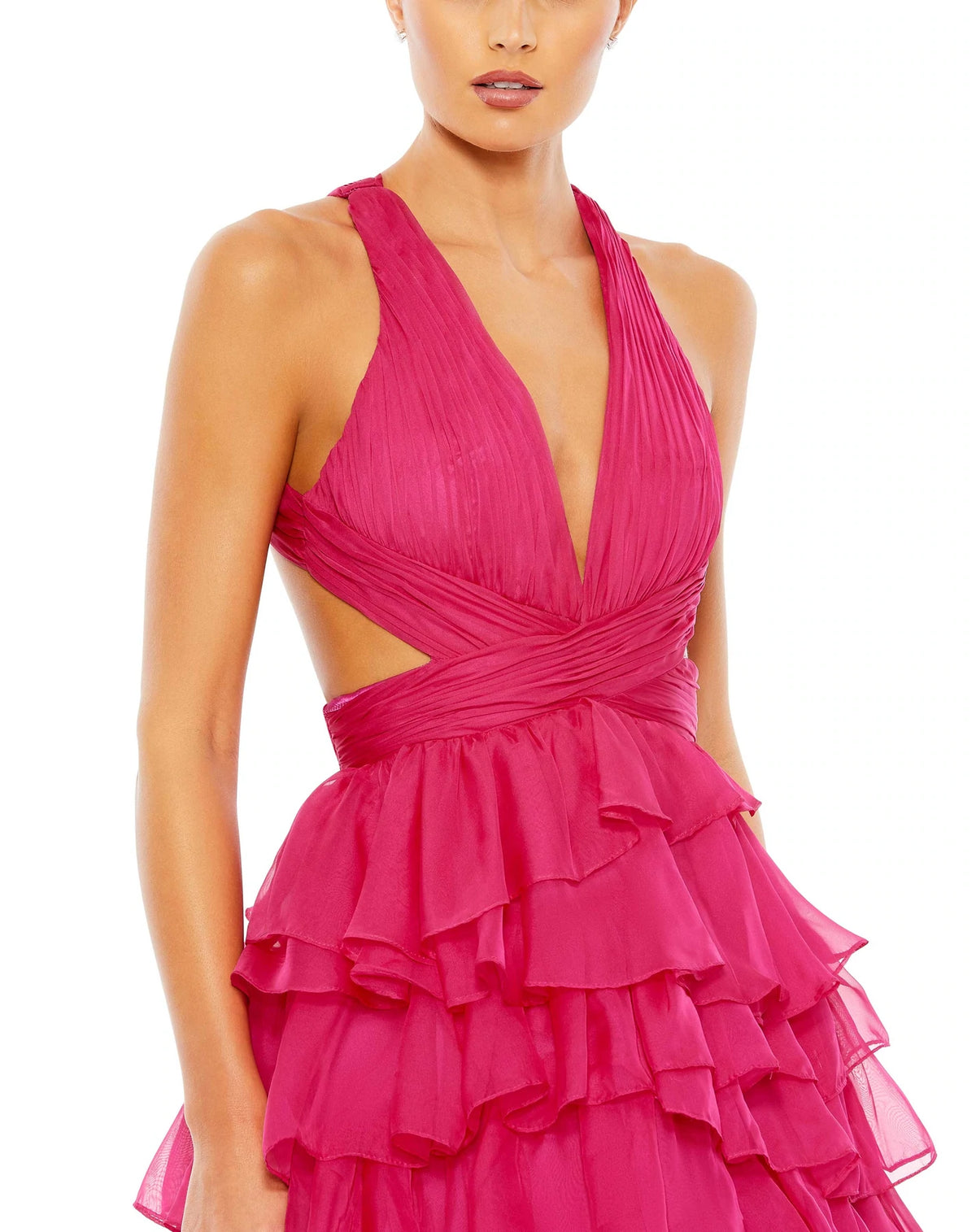 This show-stopping, hot pink fuchsia, prom dress is styled with a pleated bodice with a deep neckline, waist cutouts, and crisscross center providing the perfect amount of cleavage. With decadent layers of graduated ruffles fill out the full skirt for a design that’s festive and flirty, perfect for Summer weddings and parties close up