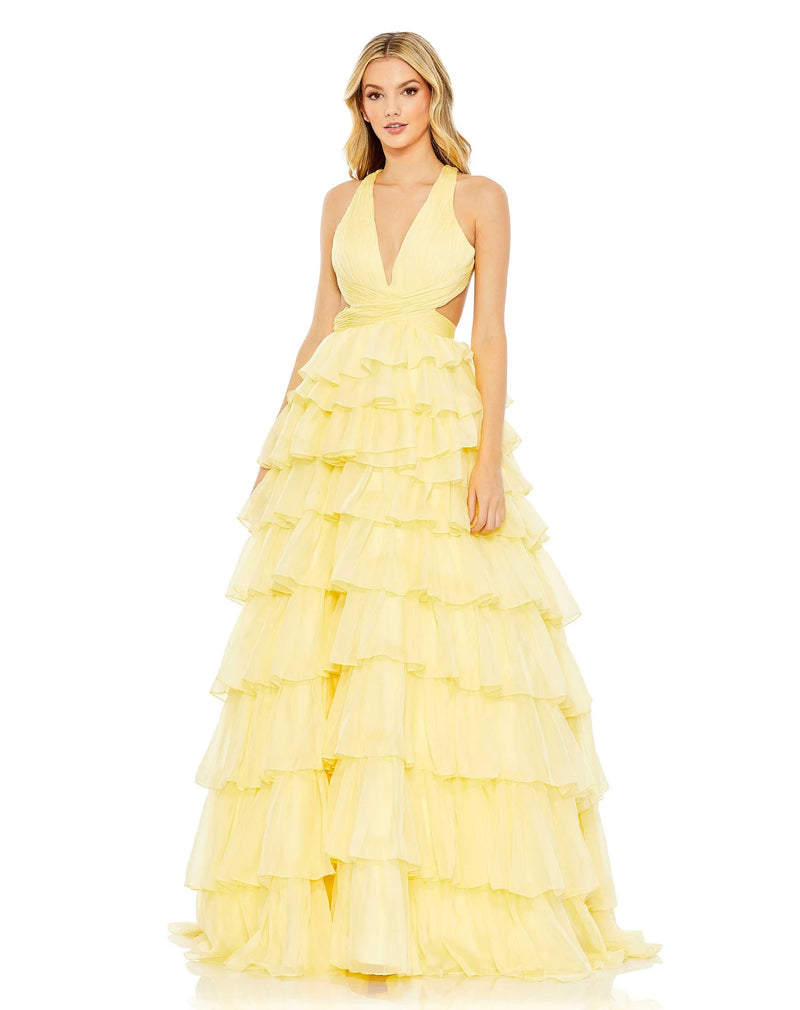 This show-stopping, lemon yellow, prom dress is styled with a pleated bodice with a deep neckline, waist cutouts, and crisscross centre providing the perfect amount of cleavage. With decadent layers of graduated ruffles fill out the full skirt for a design that’s festive and flirty, perfect for Summer weddings and parties! 