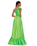 This elegant Mac Duggal floor-length, iridescent spring green taffeta evening gown is styled with a bow-topped shoulder, a cascading oversized ruffle, and a high-low hem. Pleats and gathers add pretty texture to enhance the look. This sophisticated asymmetric shoulder gown is perfect for proms, black-tie affairs, weddings, brides and special events back