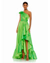 This elegant Mac Duggal floor-length, iridescent spring green taffeta evening gown is styled with a bow-topped shoulder, a cascading oversized ruffle, and a high-low hem. Pleats and gathers add pretty texture to enhance the look. This sophisticated asymmetric shoulder gown is perfect for proms, black-tie affairs, weddings, brides and special events!