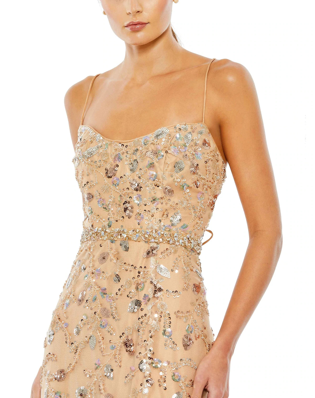 Embellished sleeveless lace-up gown - Nude close up