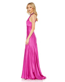 This elegant hot pink fuchsia coloured formal dress is picture perfect for proms, weddings and special occasions! With an elongating column style fit and halterneck, crafted with liquid satin fabric, this gown is both elegant and sophisticated. This floor length dress features a dazzling embellished halter-neck collar, with a touch of gathering and a slender keyhole cutout before it finishes with a revealing back and glamorous sweep train side view