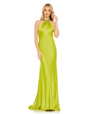 This elegant lime coloured formal dress is picture for proms, weddings and special occasions! With an elongating column style and liquid satin fabric, this gown is both elegant and sophisticated. This floor length dress features a dazzling embellished halter-neck collar, with a touch of gathering and a slender keyhole cutout before it finishes with a revealing back and glamorous sweep train.