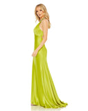 This elegant lime coloured formal dress is picture for proms, weddings and special occasions! With an elongating column style and liquid satin fabric, this gown is both elegant and sophisticated. This floor length dress features a dazzling embellished halter-neck collar, with a touch of gathering and a slender keyhole cutout before it finishes with a revealing back and glamorous sweep train side view