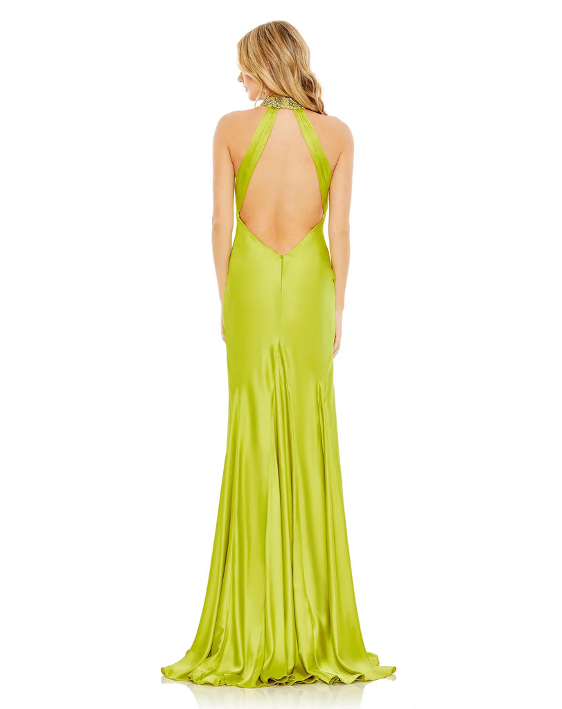 This elegant lime coloured formal dress is picture for proms, weddings and special occasions! With an elongating column style and liquid satin fabric, this gown is both elegant and sophisticated. This floor length dress features a dazzling embellished halter-neck collar, with a touch of gathering and a slender keyhole cutout before it finishes with a revealing back and glamorous sweep train back view