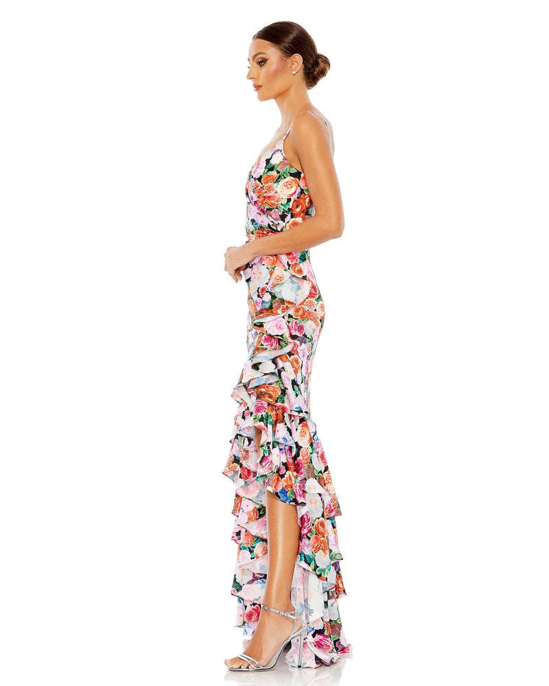 Mac Duggal Style #68107 Floral print asymmetrical ruffle hem gown - Multi side