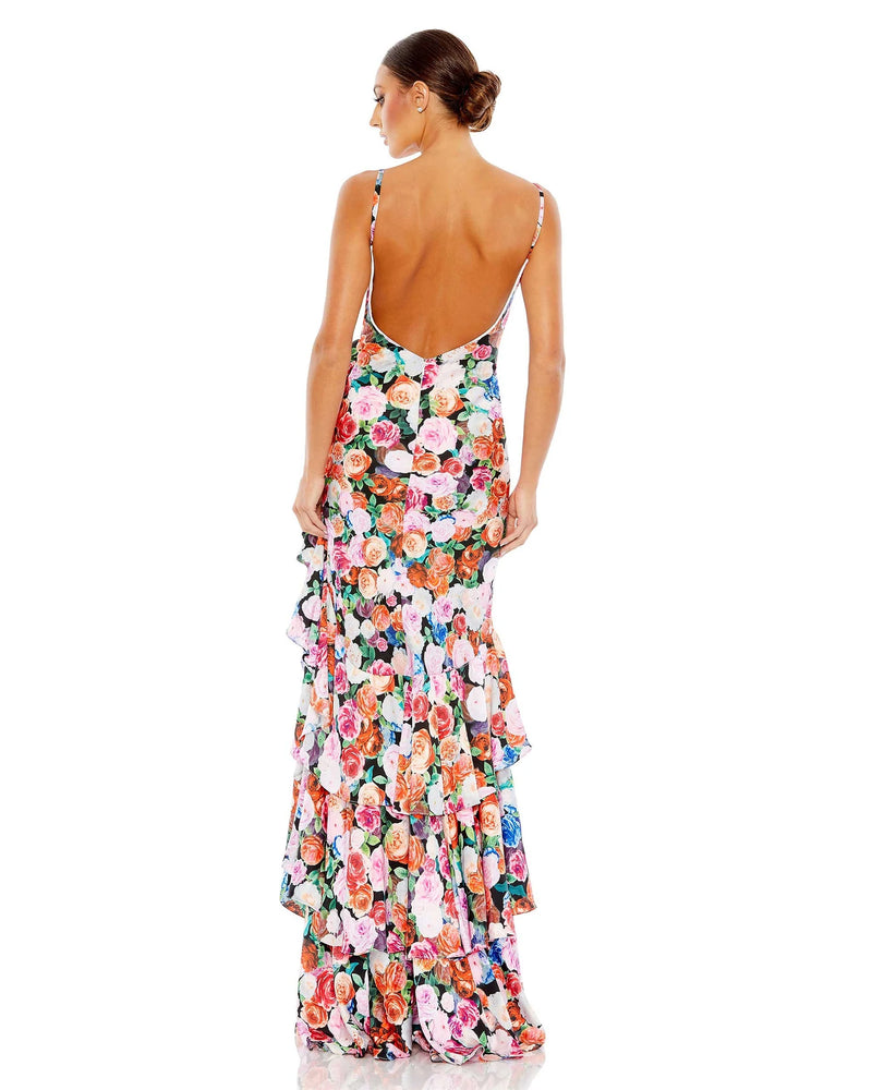 Mac Duggal Style #68107 Floral print asymmetrical ruffle hem gown - Multi back