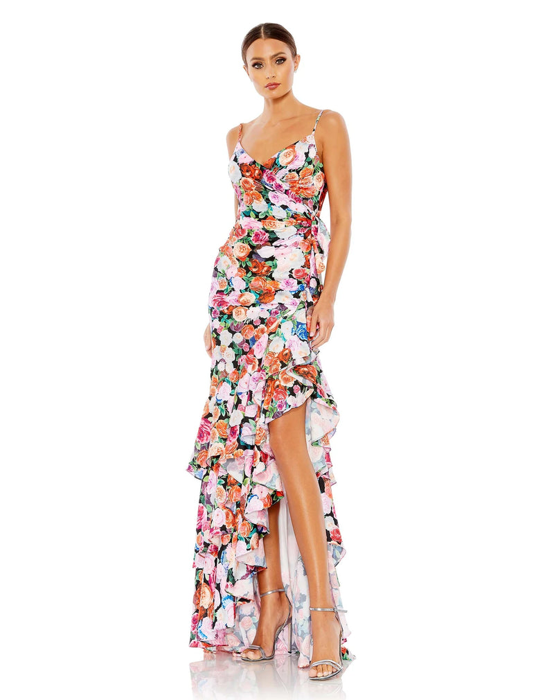 Mac Duggal Style #68107 Floral print asymmetrical ruffle hem gown - Multi