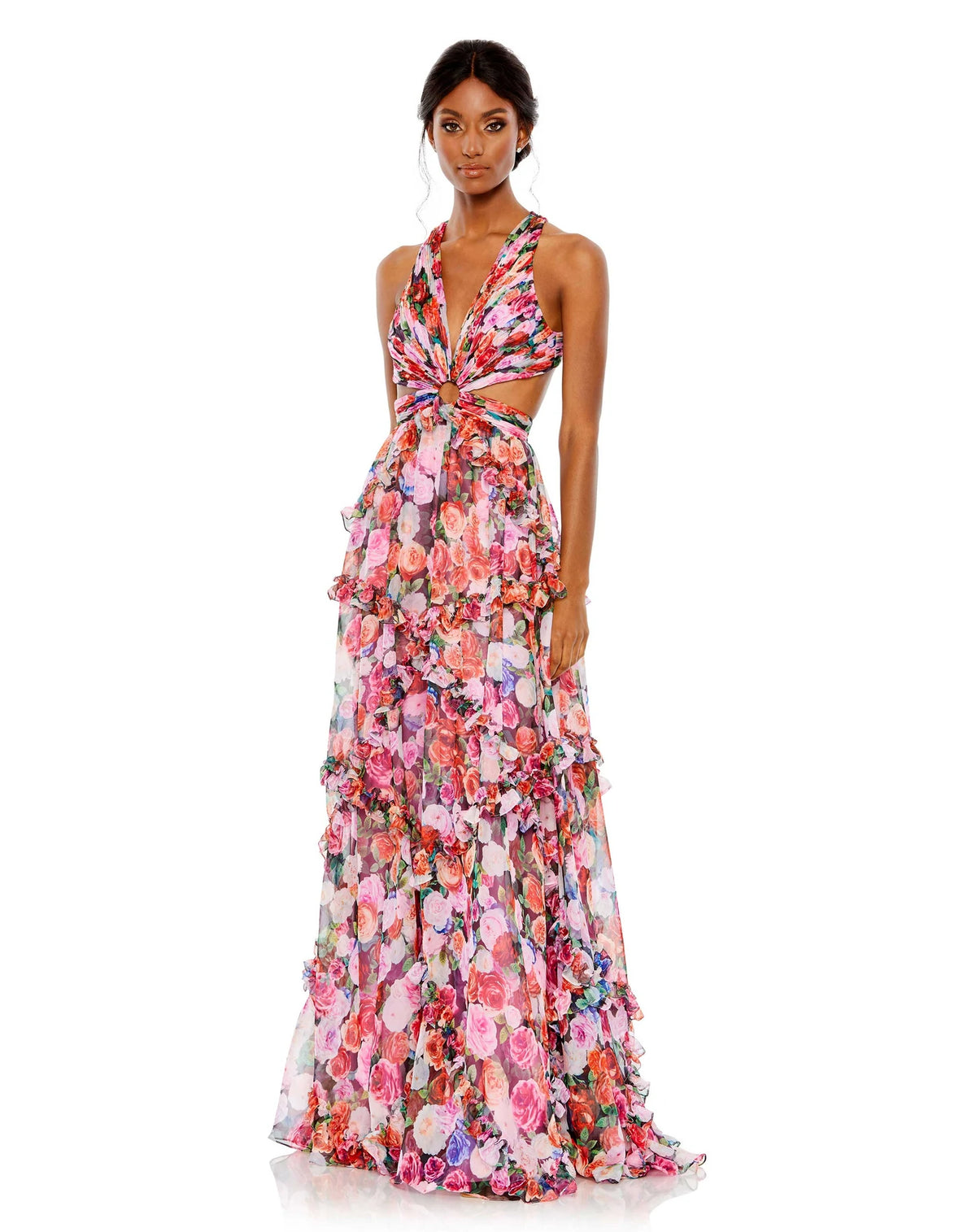 This elegant Mac Duggal, long, short-sleeved, ruffled, multi, tiered dress is perfect for Summer proms and wedding guests! This dress with short ruffled sleeves and a sexy cut-out detail make it so very stunning! Inspired by colourful floral blooms, this dress is crafted from translucent chiffon populated with romantic roses. 