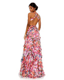 This elegant Mac Duggal, long, short-sleeved, ruffled, multi, tiered dress is perfect for Summer proms and wedding guests! This dress with short ruffled sleeves and a sexy cut-out detail make it so very stunning! Inspired by colourful floral blooms, this dress is crafted from translucent chiffon populated with romantic roses.  side view