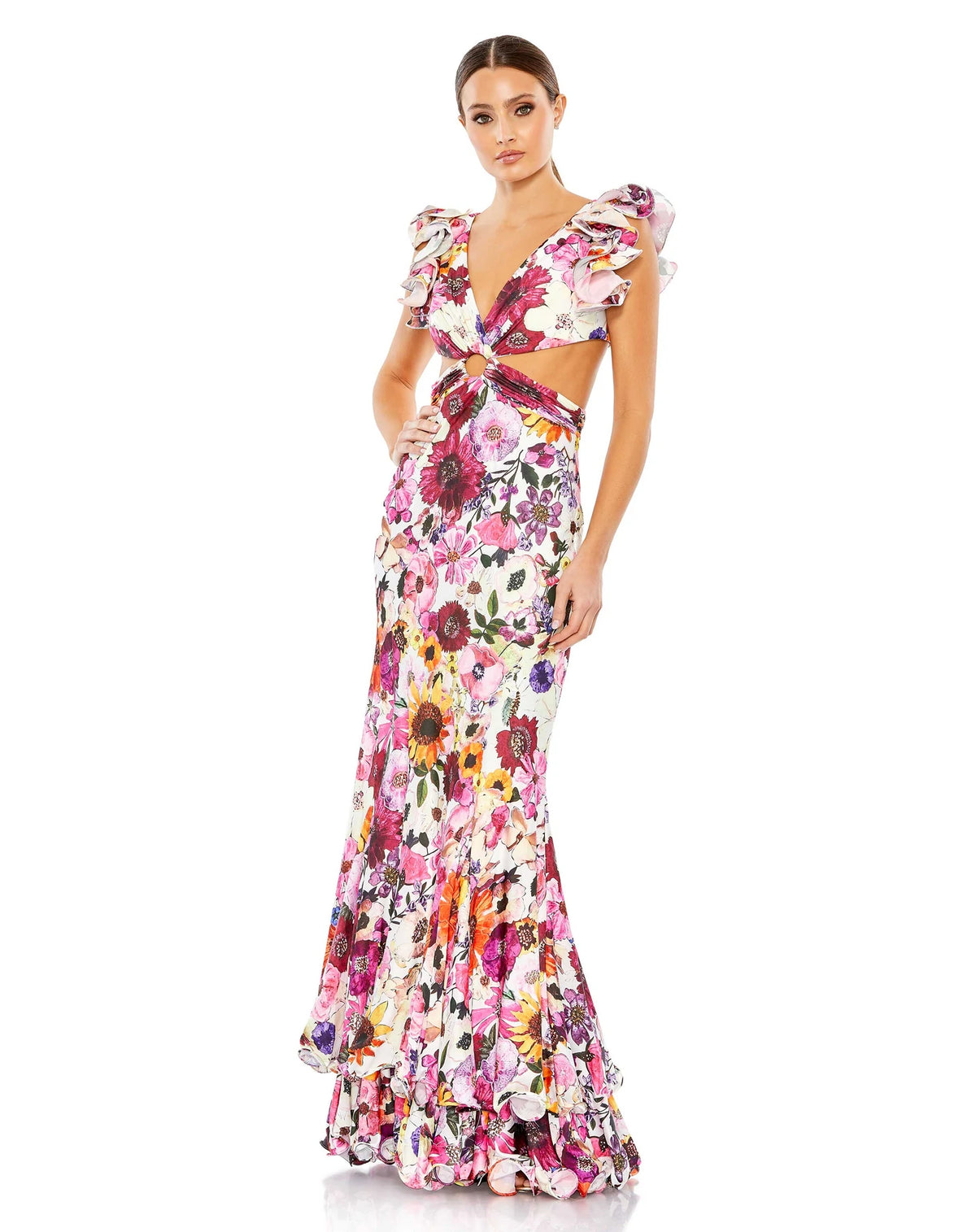 Mac Duggal Style #68107 Floral print ruffle shoulder cut-out gown - White multi