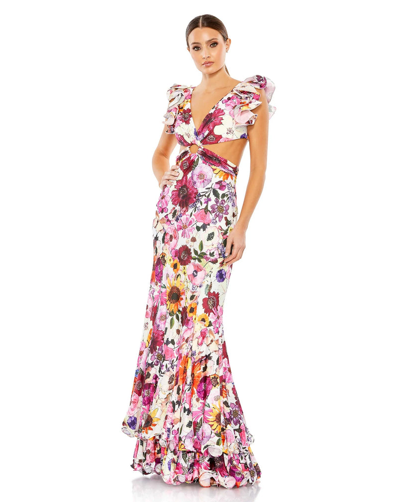 Stand out in a sea of black dresses with this wildflower-print gown. An exquisite print and trendy silhouette set you up for success thanks to its stylish and mood-boosting properties. Styled with wire-edged ruffled sleeves, the dress turns negative (space) into a positive with a neckline that shows your décolletage, a central ring detail, and smoking-hot side cutouts.