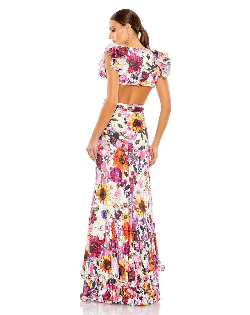 Mac Duggal Style #68107 Floral print ruffle shoulder cut-out gown - White multi back view
