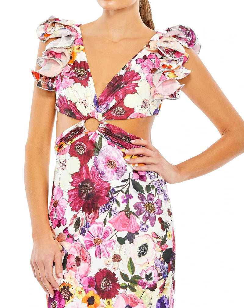 Mac Duggal Style #68107 Floral print ruffle shoulder cut-out gown - White multi close up
