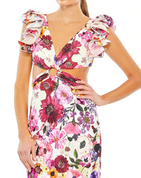 Stand out in a sea of black dresses with this wildflower-print gown. An exquisite print and trendy silhouette set you up for success thanks to its stylish and mood-boosting properties. Styled with wire-edged ruffled sleeves, the dress turns negative (space) into a positive with a neckline that shows your décolletage, a central ring detail, and smoking-hot side cutouts. close up