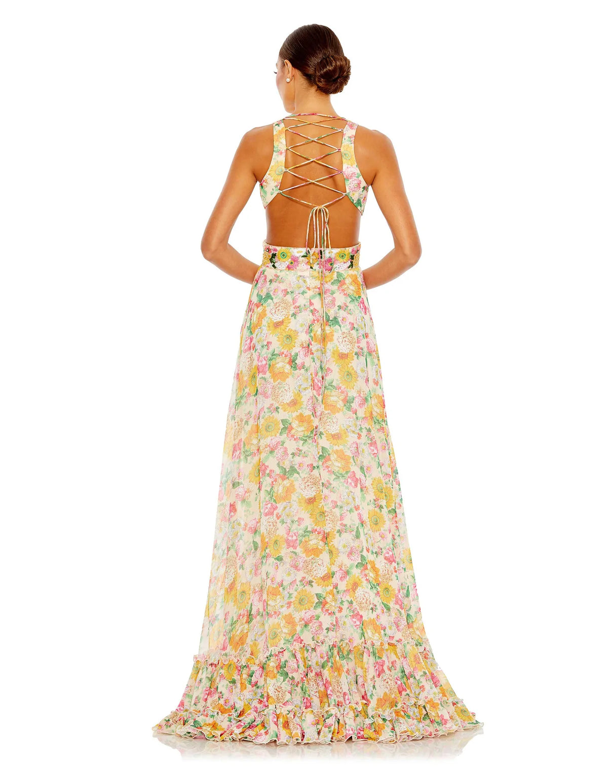 Mac Duggal Style #9174 Floral print cut-out lace up tiered gown - Nude/multi floral dress back 