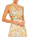 This show-stopping, floral print, floor length evening gown with sexy side cut-out detail features pleating at the bust tapering down into a hand embroidered waist followed by a full skirt with tiered detail at the hem. With elegant strappy tie-up detail at the back, this gown exposes a little sexy back for all your photos to be truly sensational from any angle! This A line dress is the perfect gown for special occasions, weddings and Summery parties close up