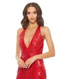 This vampy Mac Duggal, floor-length, sequinned red evening gown is a super-sexy, black-tie dress for that special occasion! With a plunging V neck and a super sexy low-back with alluring criss cross straps, this evening dress is for the daring! Perfect for prom, after-parties and weddings, you will certainly have all eyes on you front