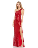 This stunning Mac Duggal elegant evening gown is a beautiful Jessica Rabbit, sexy one-shoulder detail and asymmetrical silhouette, full sequin evening dress! With bow detail at the back, this daring, red dress is perfect for proms, weddings and special events!