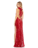 This stunning Mac Duggal elegant evening gown is a beautiful Jessica Rabbit, sexy one-shoulder detail and asymmetrical silhouette, full sequin evening dress! With bow detail at the back, this daring, red dress is perfect for proms, weddings and special events! full back