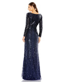 This stunning Mac Duggal elegant long-sleeved, midnight, evening gown is a beautiful, full-length evening dress with faux-wrap detail and all over sequins. With one sexy-thigh high split, dress is perfect for proms, weddings and special events! back