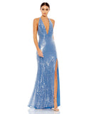 This sexy Mac Duggal, floor-length, sequinned cerulean/aqua blue evening gown is a super-sexy, black-tie dress for that special occasion! With a plunging V neck and a super sexy low-back with tie-up detail, this evening dress is for the daring! Perfect for prom, after-parties and weddings, you will certainly have all eyes on you! 