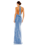 This sexy Mac Duggal, floor-length, sequinned cerulean/aqua blue evening gown is a super-sexy, black-tie dress for that special occasion! With a plunging V neck and a super sexy low-back with tie-up detail, this evening dress is for the daring! Perfect for prom, after-parties and weddings, you will certainly have all eyes on you back