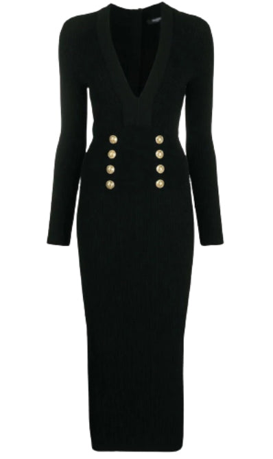 Balmain style midi dress with long sleeves and black buttons