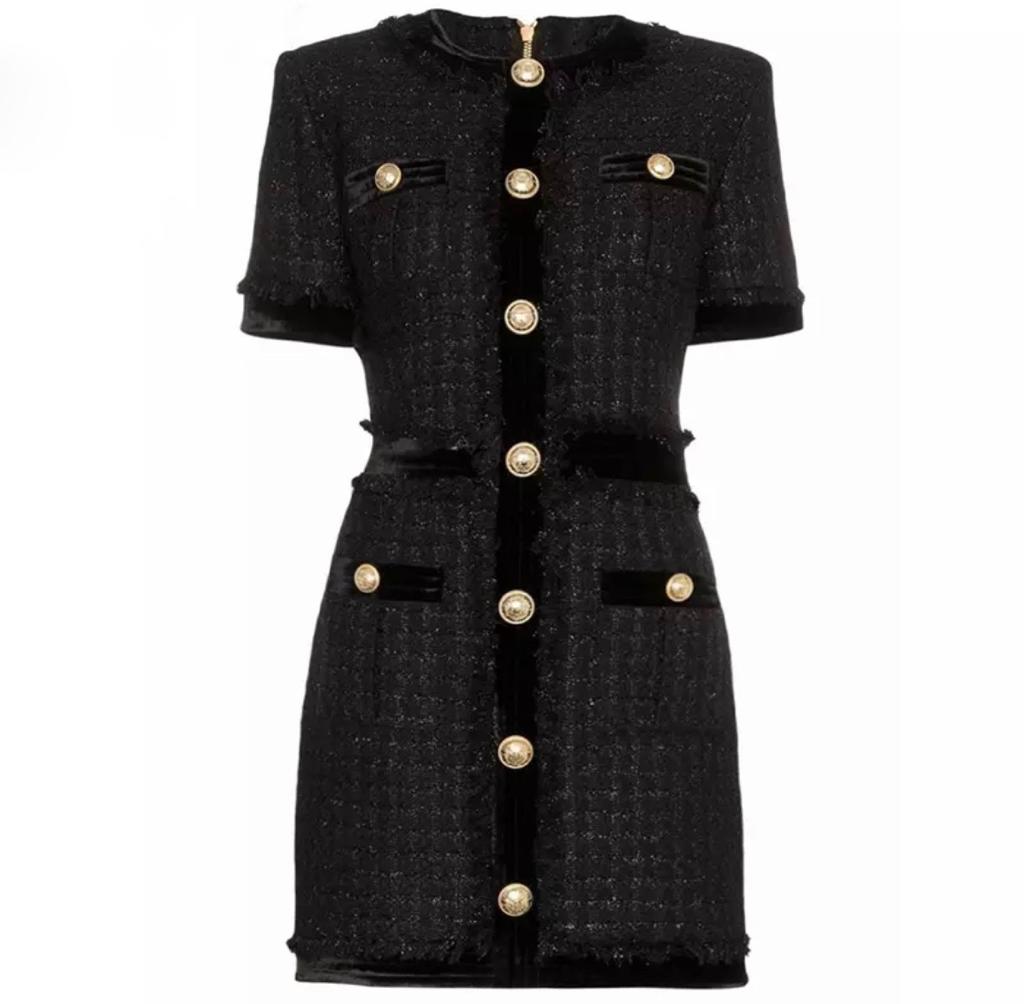 Natalynska Black short sleeve gold button detail balmain style mini dress